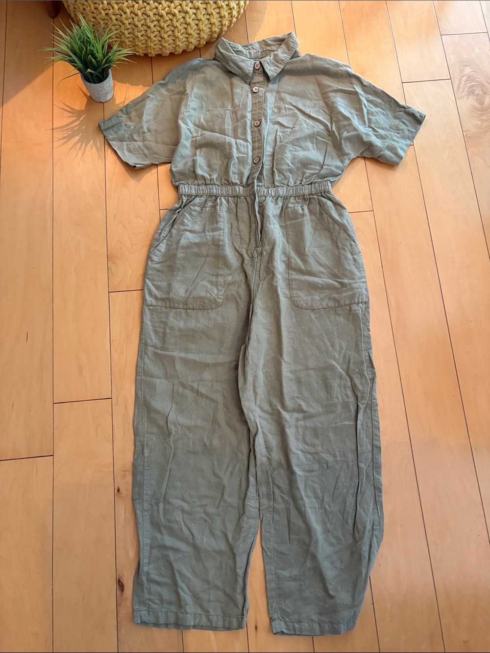 ZARA  Khaki Green Utility Washed Linen Jumpsuit L